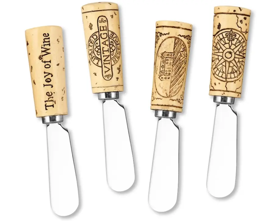 Supreme Housewares Vintage Wine Cork Cheese Spreaders, Hand-Painted Resin Handles with Stainless Steel Blades for Spreading Cream Cheese, Butter, and Jam, Assorted Designs, Set of 4