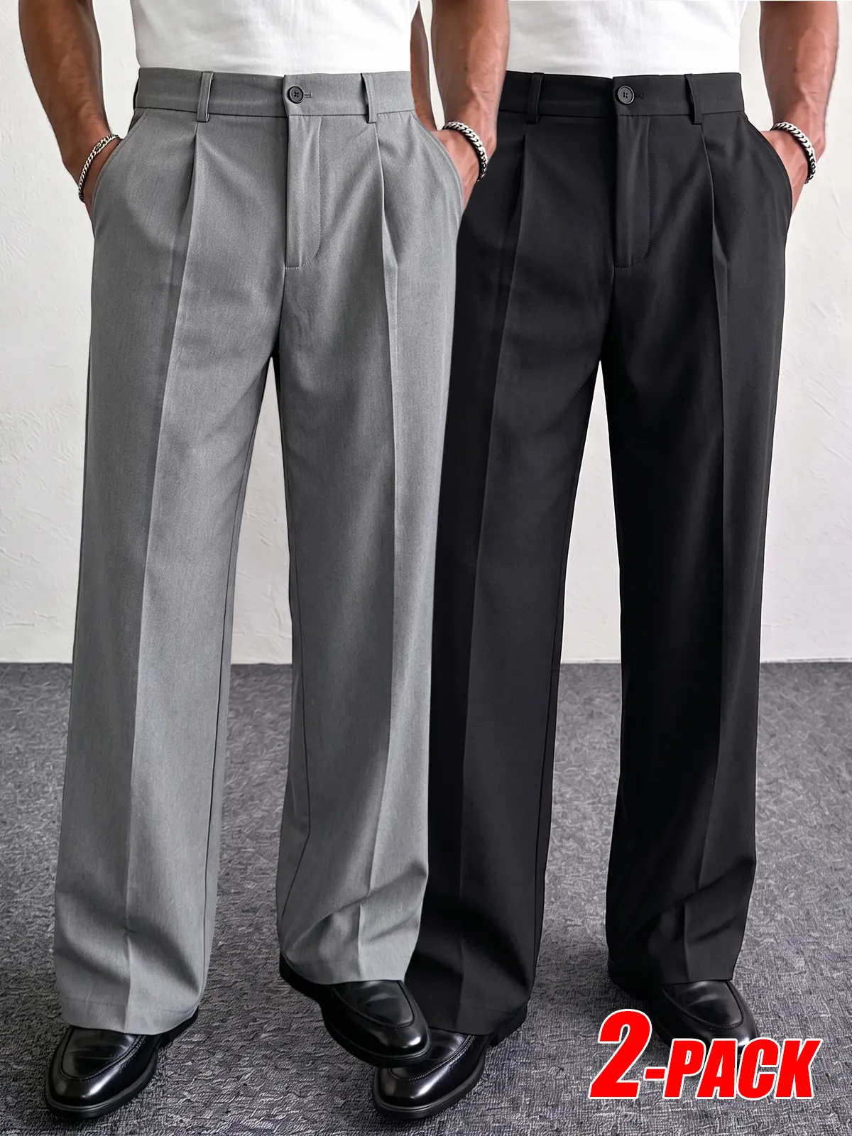 2-PACK Versatile Non-Iron Pleated Straight Long Suit Pants, Regular Straight Cut, Clean Fit Minimal Urban Smart Casual All Season Business Casual Long Trousers Bundle