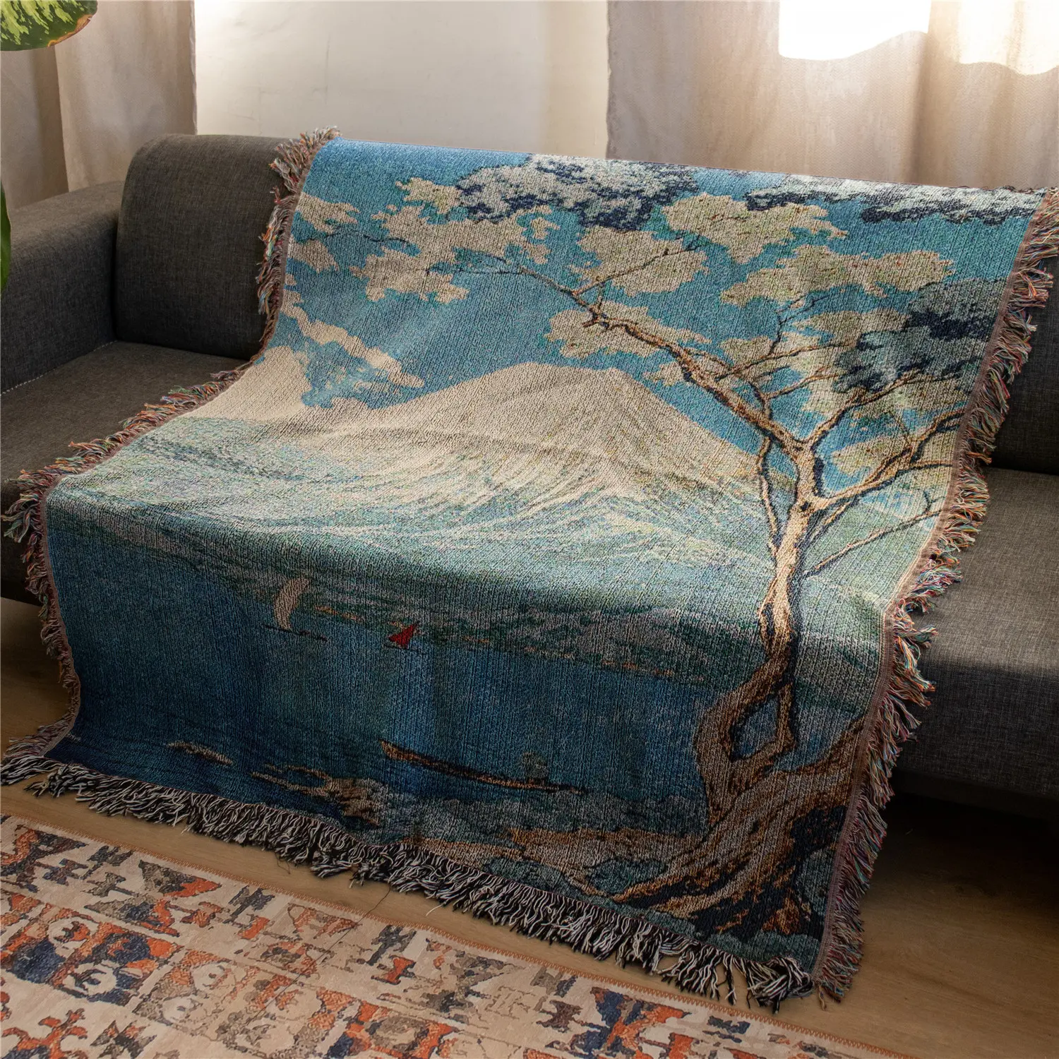 Mount Fuji Blue Pattern Bohemian Yarn Jacquard Woven Blanket with Tassel, Thick Soft Washable Blanket, Used for Home Decor Sofa Chair Bed Tapestry Tablecloth Floor Garden Picnic Outdoor Camping, Boho Style Blanket, Cozy Throw Blanket, Throw Blankets