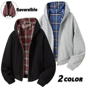 EKF Men’s reversible plaid-lined zip-up hooded jacket | Wear it two ways—classic plaid lining with a retro feel, perfect for spring and autumn American street style