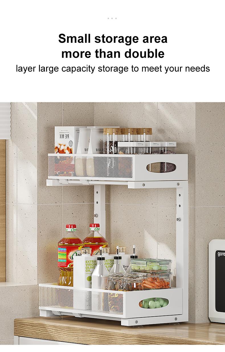 2 Pack Under Sink Organizer,Adjustable Height,2 Tier Pull Out Under Cabinet Organizer,Slide Out Thickened Metal Under Sink Storage for Kitchen Bathroom Laundry Cabinet Pantry,White,black Shelf Rack Racks
