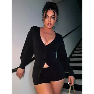 Women's Fashion V Neck Cardigan Long Sleeve & Shorts Set, Casual Style, Perfect for Spring & Fall, Ladies Clothing Collection