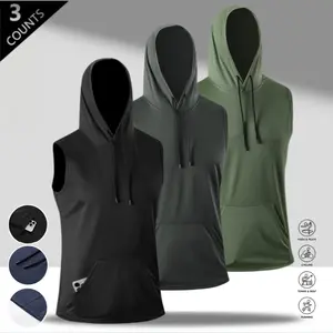 Men’s 3-Pack Sleeveless Hoodie – American Street Style, Quick-Dry, Drawstring Hood, Kangaroo Pocket, Relaxed Fit