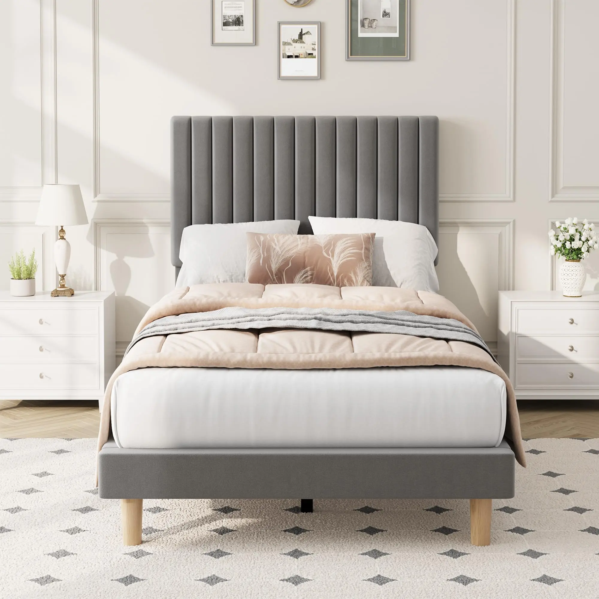 Garvee Twin Size Velvet Bed Frame, Vertical Channel Tufted Headboard, Height Adjustable, Upholstered Platform Bed, No Box Spring Needed, Light Grey