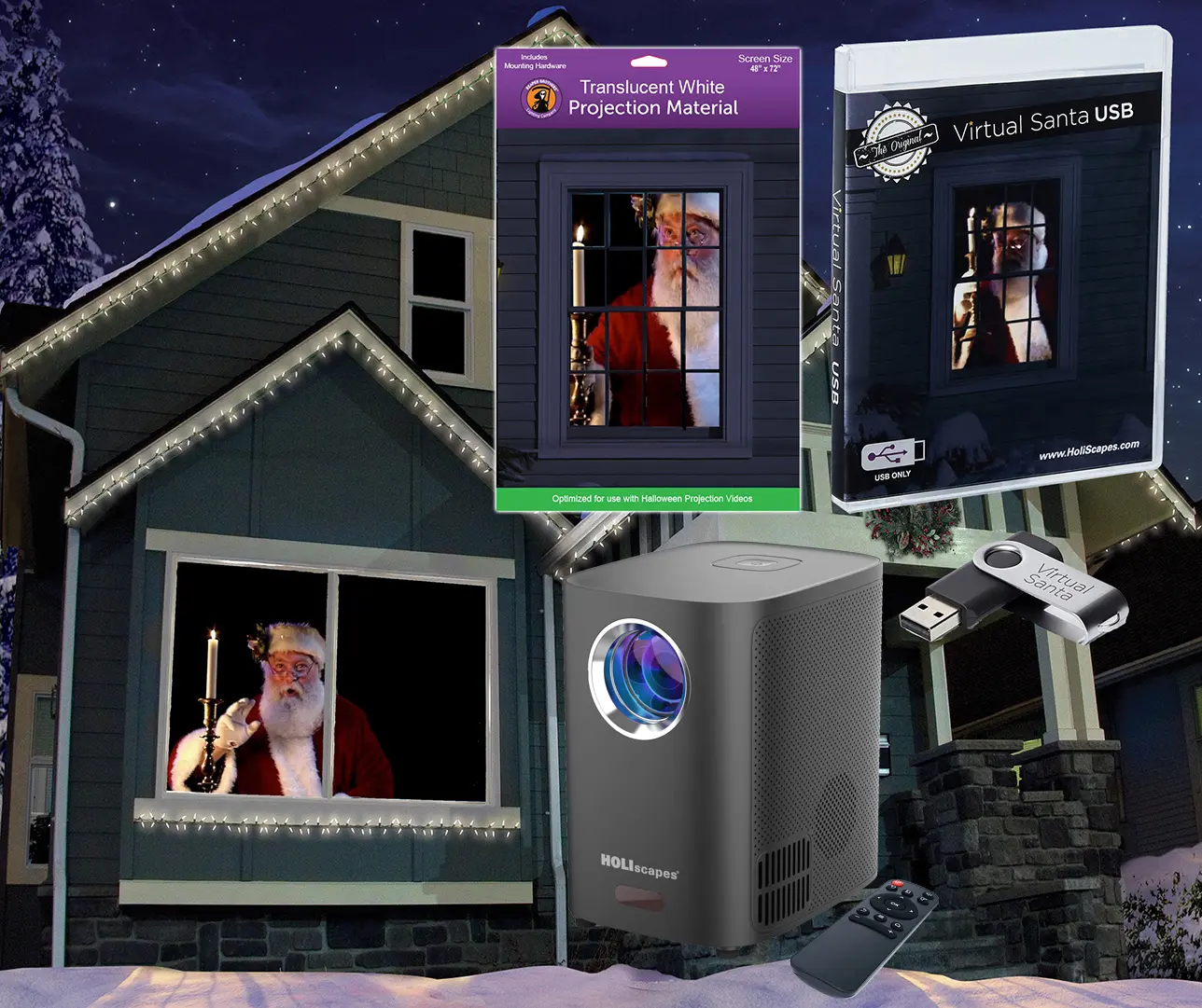 Virtual Santa in Window Projector Kit (Projector + 48x72 White Screen + USB)