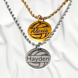 Personalized Volleyball Charm Name Pendant Necklace 5/8" Round Engraved Pendant 18K PVD Gold or Stainless Steel Chain 18" or 20" Lengths Gift Boxed