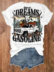 PlusSize Women's Western Graphic Print T-Shirt - "DREAMS & GASOLINE" Desert Night Sky Design Shirt, Plus Size Women T Shirts