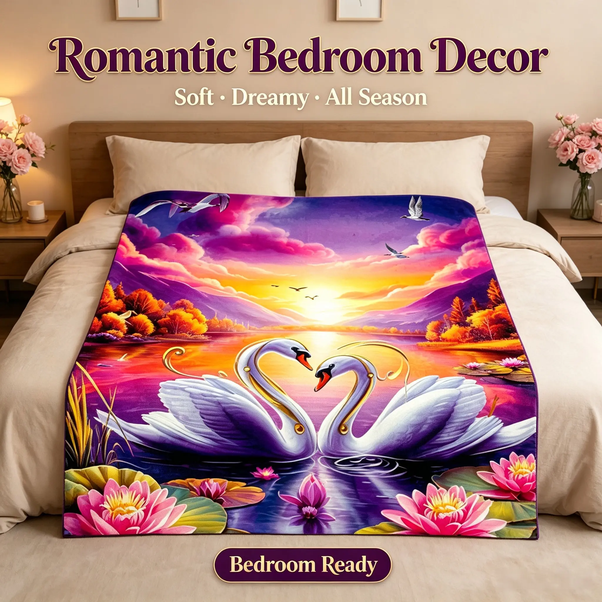Swan Lake Throw Blanket, Romantic Sunset Fleece Flannel with Heart Shape Swans & Lotus Print, Soft Cozy Warm for Bed Couch, Room Decor