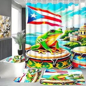 1/4pcs Puerto Rican tree frog drum pattern Waterproof shower curtain set, including shower curtain, toilet seat cover, rectangular mat, and U-shaped mat. Perfect for bathroom décor, beautifying the space. Includes 12 shower curtain hooks.