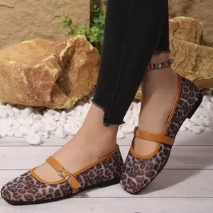 Women's Leopard Print Mesh Ballet Flats Trendy Square Closed Toe Flat Shoes Summer Vibes