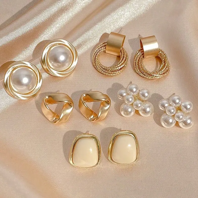 5 Pairs Elegant Minimalist Earrings Jewelry Set, Hollow Circle Multi-Layer Dangle, Dangling Earrings, Vintage Geometric Pearl Studs, Small Triangular Twisted Design, Matte Finish Personalized Style for Parties & Daily Wear, Circle Shape Earrings