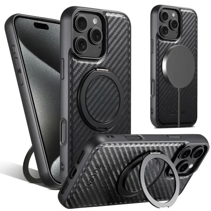SUTENI TPU Plastic Protective Cellphone Case - Handheld Cover with Magnetic Wireless Charging, 360° Rotating Stand, Faux Leather Ring Buckle, Phone Accessories for iPhone 17 Pro Max, 16 Plus, 15 Pro Max Devices