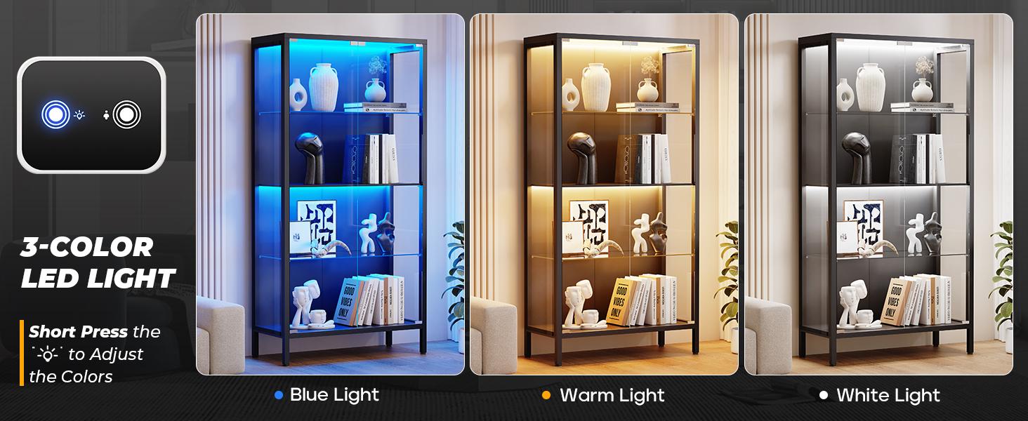 BROTTAR Metal Display Cabinet with Glass Doors, 4-Tier Curio Cabinet with 3 Color Lights for Collectibles, Glass Display Case with Human Body Sensor, Storage Cabinets with Adjustable Glass Shelves, Black BROTTAR Metal Display Cabinet with Glass Doors, 4-Tier Curio Cabinet with 3 Color Lights for Collectibles, Glass Display Case with Human Body Sensor, Storage Cabinets with Adjustable Glass Shelves, Black