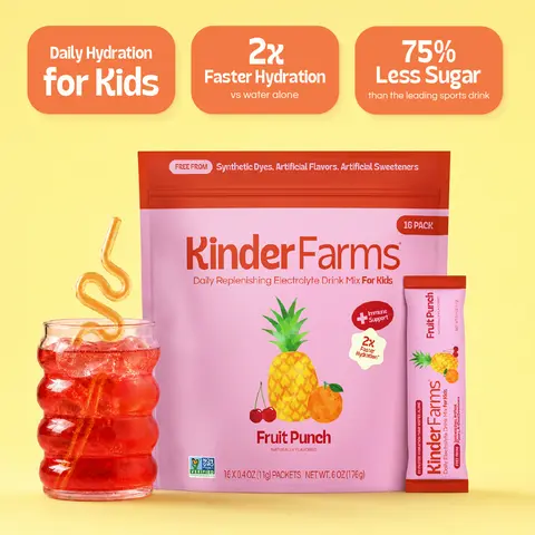 KinderFarms - Electrolyte Powder Drink Mix for Kids & Adults, Fruit Punch (16 Count) – Rapid Hydration, Immune Support, Low Sugar, No Artificial Dyes, Clean Ingredients,  Daily Electrolytes, Hydration Packets (16 to 28 Count)