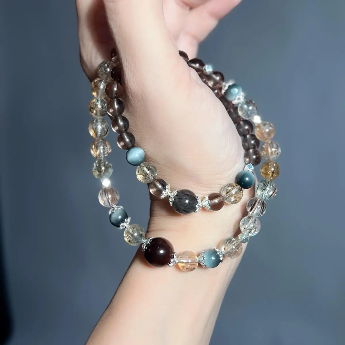 Double-Loop Smoky Quartz Black Gold Super Seven Hawk's Eye & Black Rutilated Quartz Crystal Bracelet for Women Gift for her Elastic Cord Adjustable Length 6mm & 8mm Beads Spiritual Protection Chakra Alignment Healing Jewelry