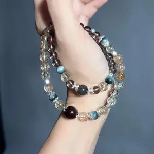 Double-Loop Smoky Quartz Black Gold Super Seven Hawk's Eye & Black Rutilated Quartz Crystal Bracelet for Women Gift for her Elastic Cord Adjustable Length 6mm & 8mm Beads Spiritual Protection Chakra Alignment Healing Jewelry