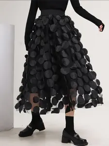 Embossed Flower Elastic Waist A-Line Casual Elegant Half Skirt, Stylish Women's Fashion Skirt for Daily Wear