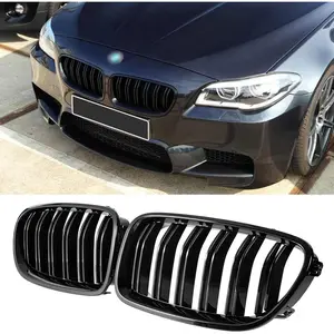 Front Kidney Grille Grill Compatible With 2010-2017 5 Series F10 F11 M5 Double Slats Gloss Black Grills 2pcs