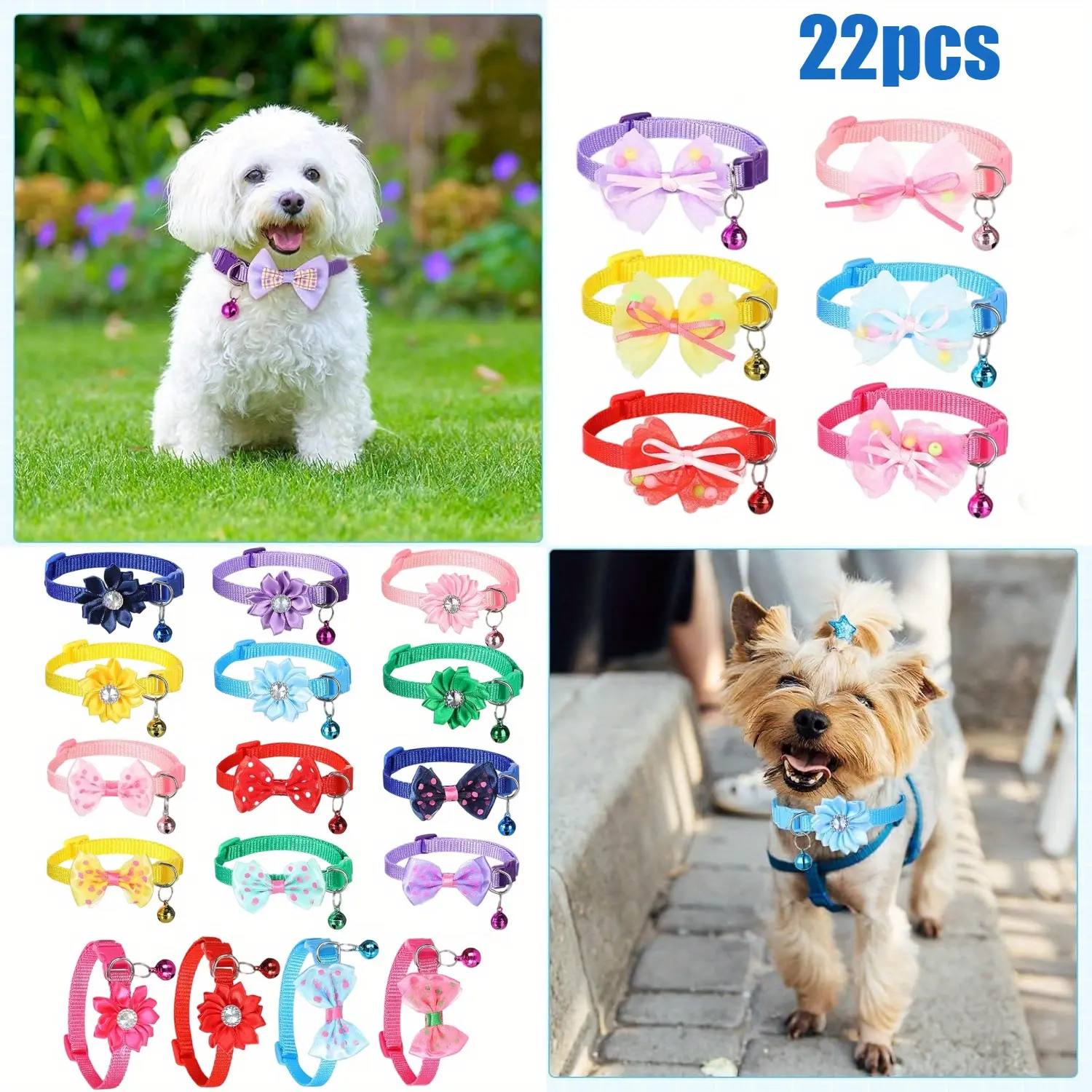22PCS Adjustable Dog Bow Tie Collars with Floral Pattern Bell - Durable Non-Fade Pet Collars for Medium/Small Dogs Cats, Reusable Stylish Neck Ties for Daily Walking,Playtime