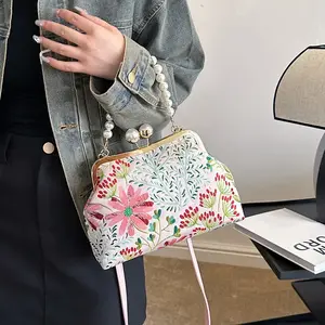 Women's Floral Pattern Faux Pearl Decorated Handbag, Casual Large Capacity Shoulder Bag for Daily Used, Trendy Versatile High-quality Daily Commuting Bag