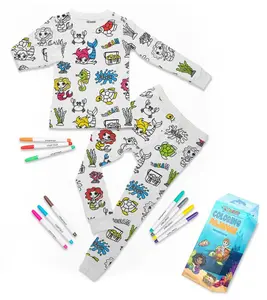 Craftikit Kids Coloring Pajamas Set with Markers Soft Bamboo 2-Piece Unisex PJs Snug Fit Mermaid Unicorn Butterfly & Dinosaur Themes Ultimate Stretch Seasonless Wear Sleepwear Cartoon Print and gift boxed