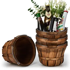 4 Pcs 6*8'' Round Wooden Baskets Gifts Empty Wood Baskets Fruit Buckets with Handle for Gifts Empty Bushel Basket Garden Basket for Fruits Vegetables Home Garden Farm and Party Supplies (Dark Brown)