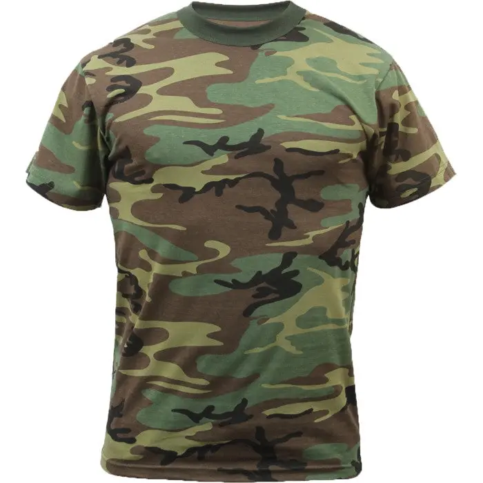 Men's Woodland Camouflage Tactical Short Sleeve Round Neck Ribbed T-Shirt - Poly-Cotton Blend, Regular Cut, Shortsleeve, Fabric, Menswear