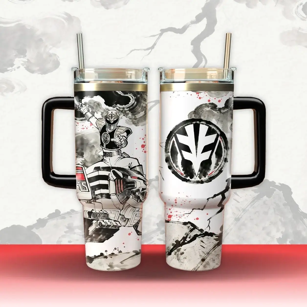 Mighty Morphin White Green Ranger Tumbler 40oz , Tommy Ranger Tumbler With Handle Straw, Gift for Fan
