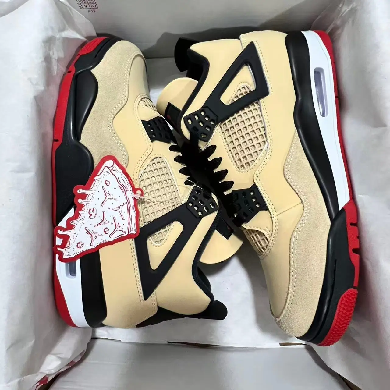 Brand New Sealed Mid High Top Lace-Up Basketball Sneakers, Beige Suede Upper with Black & Red Accents, Breathable Mesh, Shock Absorbing Retro Athletic Shoes