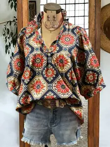 Trendy Ethnic Plaid Floral Shirt for Women - Spring Summer V-Neck Loose Casual Top
