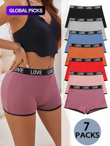 women's 7pcs letter tape contrast binding ribbed boxer brief, soft comfy breathable panty for daily wear, underwear for all seasons, minimalist, activewear