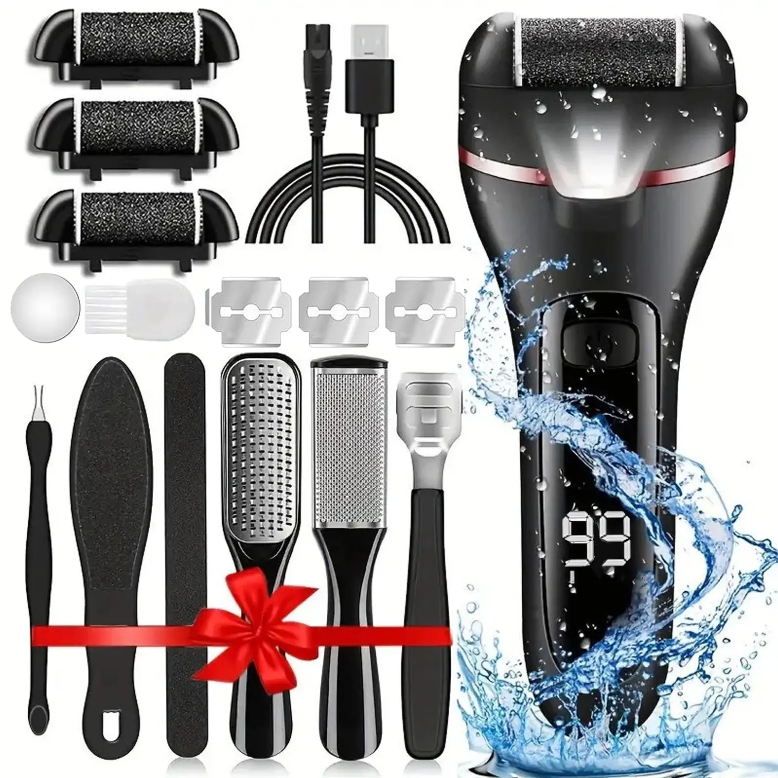 Electric Callus Remover for Ft, 18-in-1 Portable Waterproof Pedicure Kit with 3 Roller Heads, 2 Speeds, for Cracked Heels, Calluses, Dead Skin & Hand Scrubbing