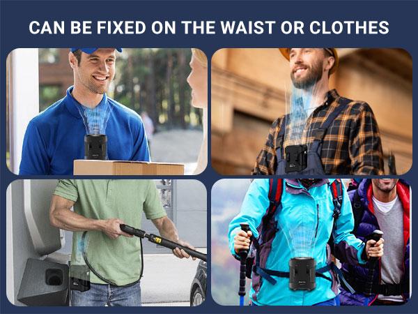 Portable Wearable Waist Fan with 3-Speed Brushless Motor 12m/s Strong Wind LED Display Type-C Rechargeable 24H Runtime Hands-Free Clip-On Neck Fan with SOS Flashlight Power Bank for Outdoor Workers Construction Hiking Camping