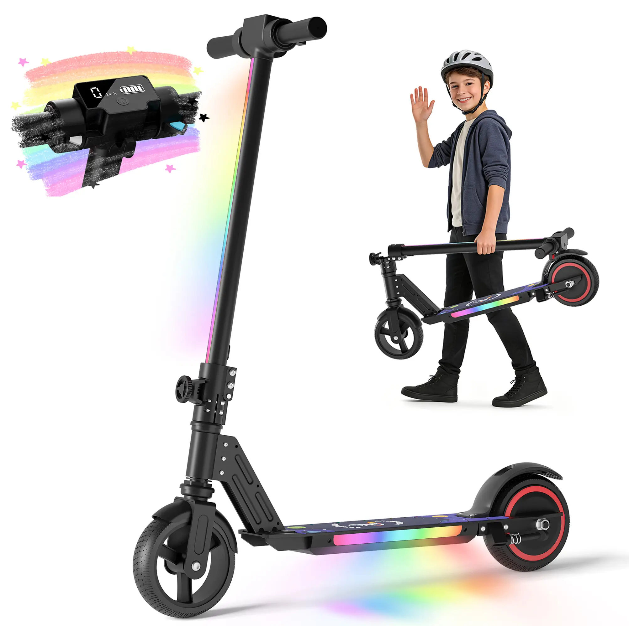 COMMUGO S5 Foldable Kids Electric Scooter with Rainbow Lights, 130W Motor, 8.7MPH, 5 Miles Range, Dual Brake System, for Boys Girls Teens Ages 6-14 summerwins