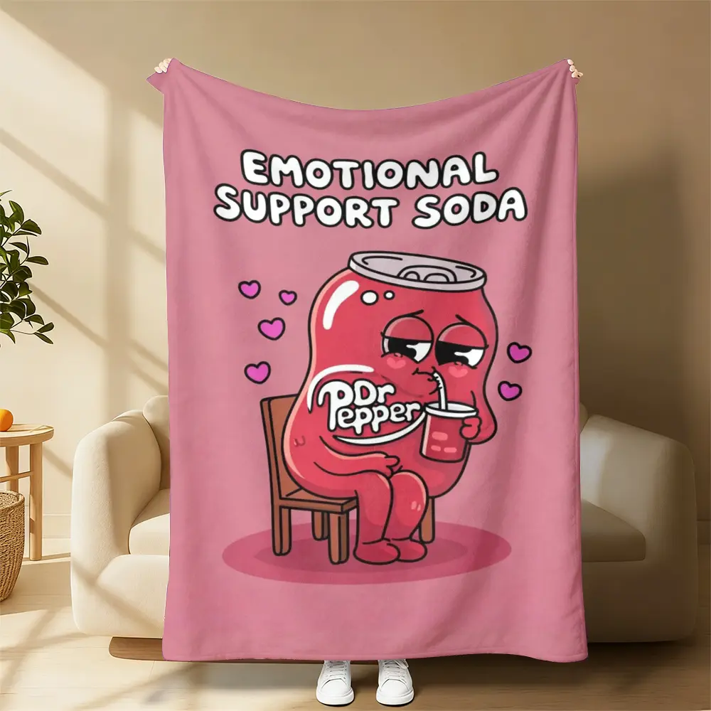 Emotional Support Soda Flannel Throw Blanket, Cute Cartoon Dr Pepper Can Character Print Blanket, Soft Pink Cozy Blanket for Sofa Bedroom, Funny Soda Lover Gift，All Season Lightweight Blanket, Aesthetic Soda Fan Home Decor