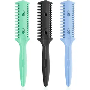 3 Pack Double-Sided Hair Trimmer Comb - Split Ends Razor r for Thin and Thick Hair  and Styling (Green, Black, Blue)