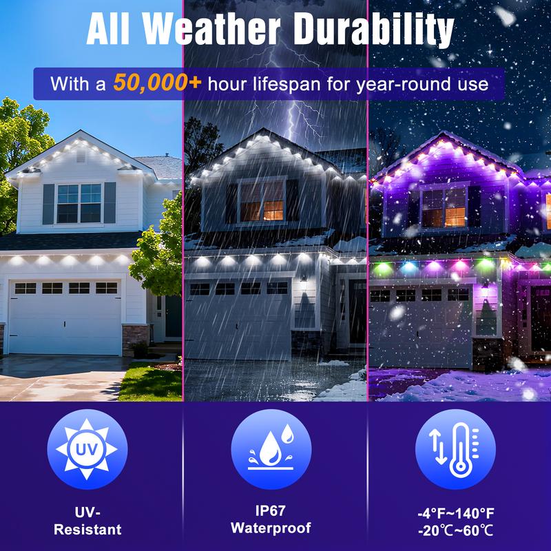 Smart RGB Permanent Outdoor Lights for House 100FT/200FT RGB+IC Eave Lights with DIY Color IP67 Waterproof App & Remote Control 72 Scene Modes for Christmas Holiday & Daily Decor