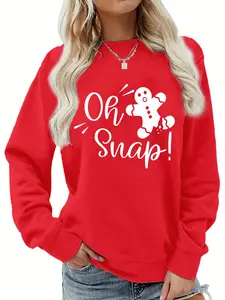 Women's Gingerbread Man & Letter Print Drop Shoulder Sweatshirt, Casual Long Sleeve Round Neck Pullover for Fall & Winter, Ladies Clothes for Daily Wear