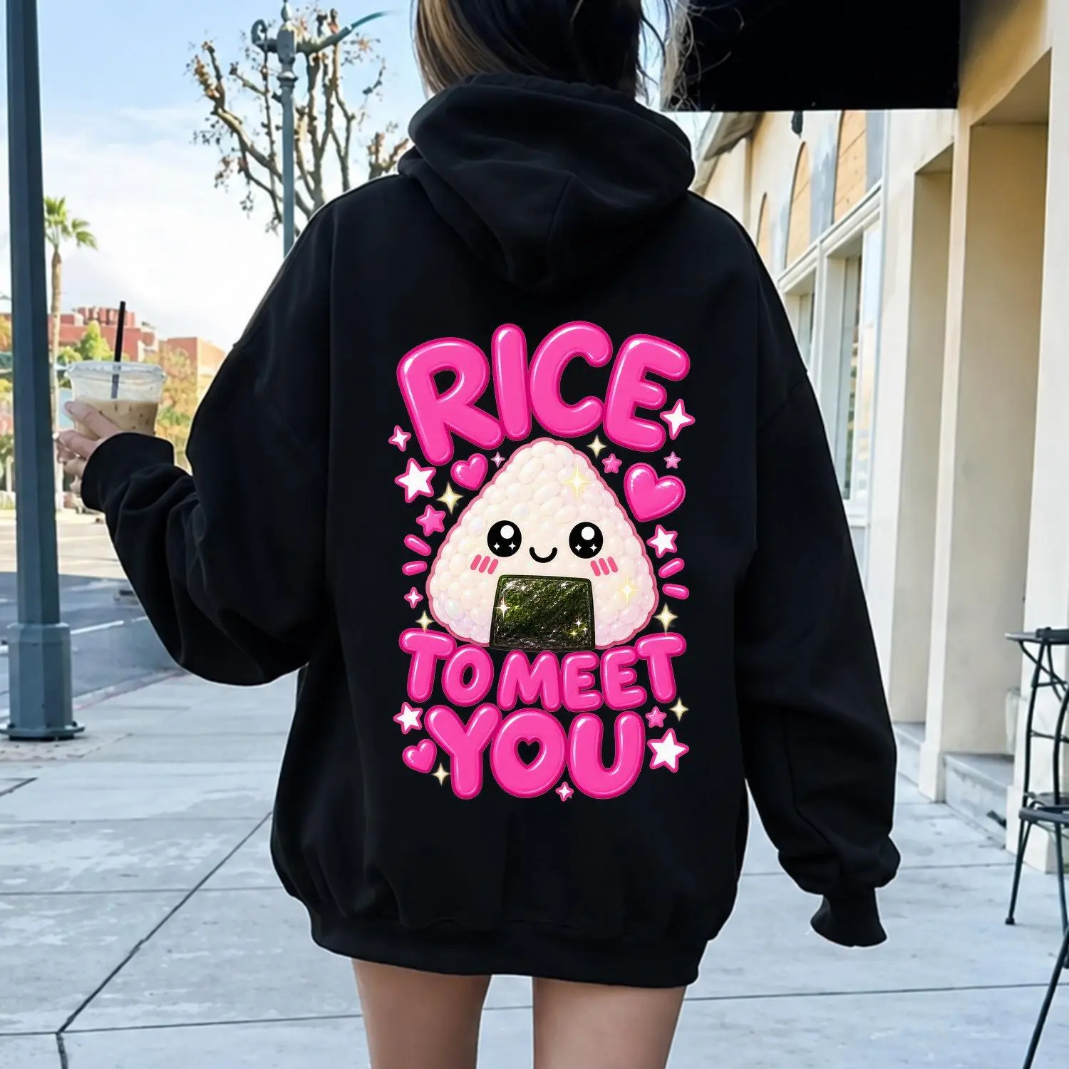 Rice To Meet You Onigiri Graphic Womens Hoodie Cute Kawaii Japanese Rice Ball Food Pun Design Long Sleeve Pullover Top Cozy Casual Style