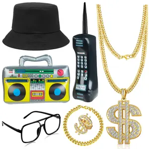 7 piece Rappers Hip Hop Costume Party Decorations Mobile Phone Inflatable Radio Box Necklace Bracelet Ring Glasses Hat for Party Decorations Beauty & Personal Care