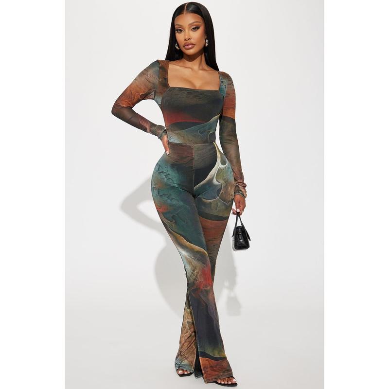 Lost In A Trance Mesh Jumpsuit - Olive/combo
