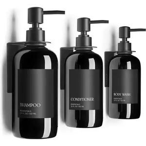 Stylish Shampoo and Conditioner Dispenser Set of 3 for Wall Mount - Modern Drill Free 21oz Shower Soap Bottles with Labels - Easy Refill  Wash Dispensers for an Instant Bathroom Decor Upgrade