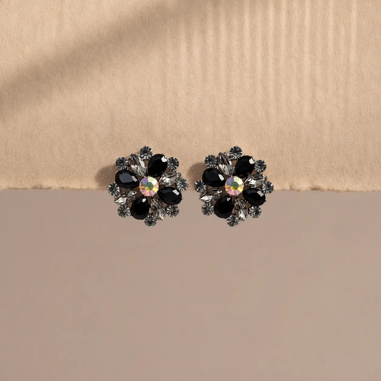 Black Crystal-Look Floral Stud Earrings, Sparkly Flower Statement Jewelry