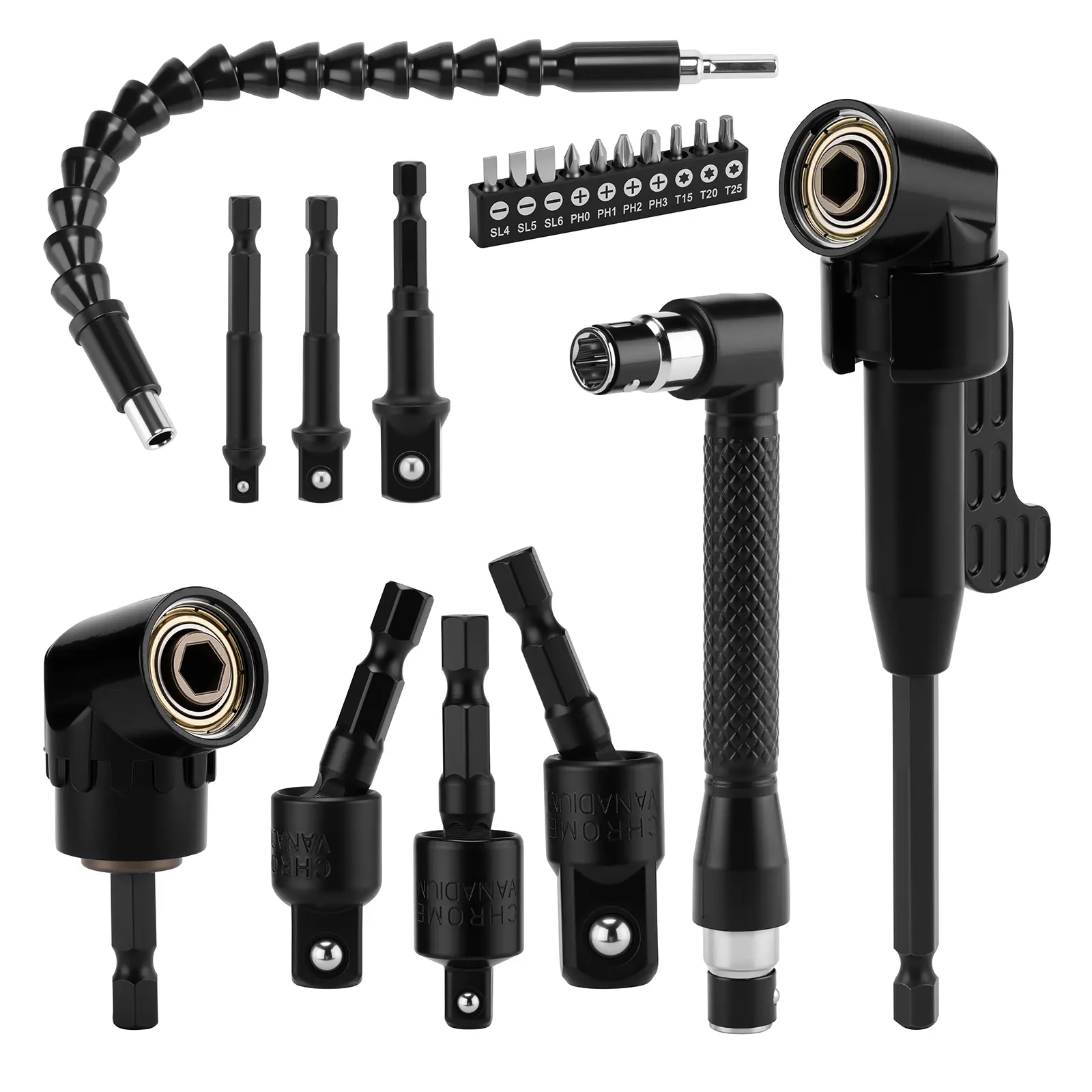 20Pcs Flexible Drill Bit Extension include 3Pcs Rotatable Socket Adapter 3pcs Socket Adapter 2Pcs Hex Shank 105°Right Angle Drill Attachment 10Pcs Short Screwdriver Bits 90°Angled Bits and Bendable Extension