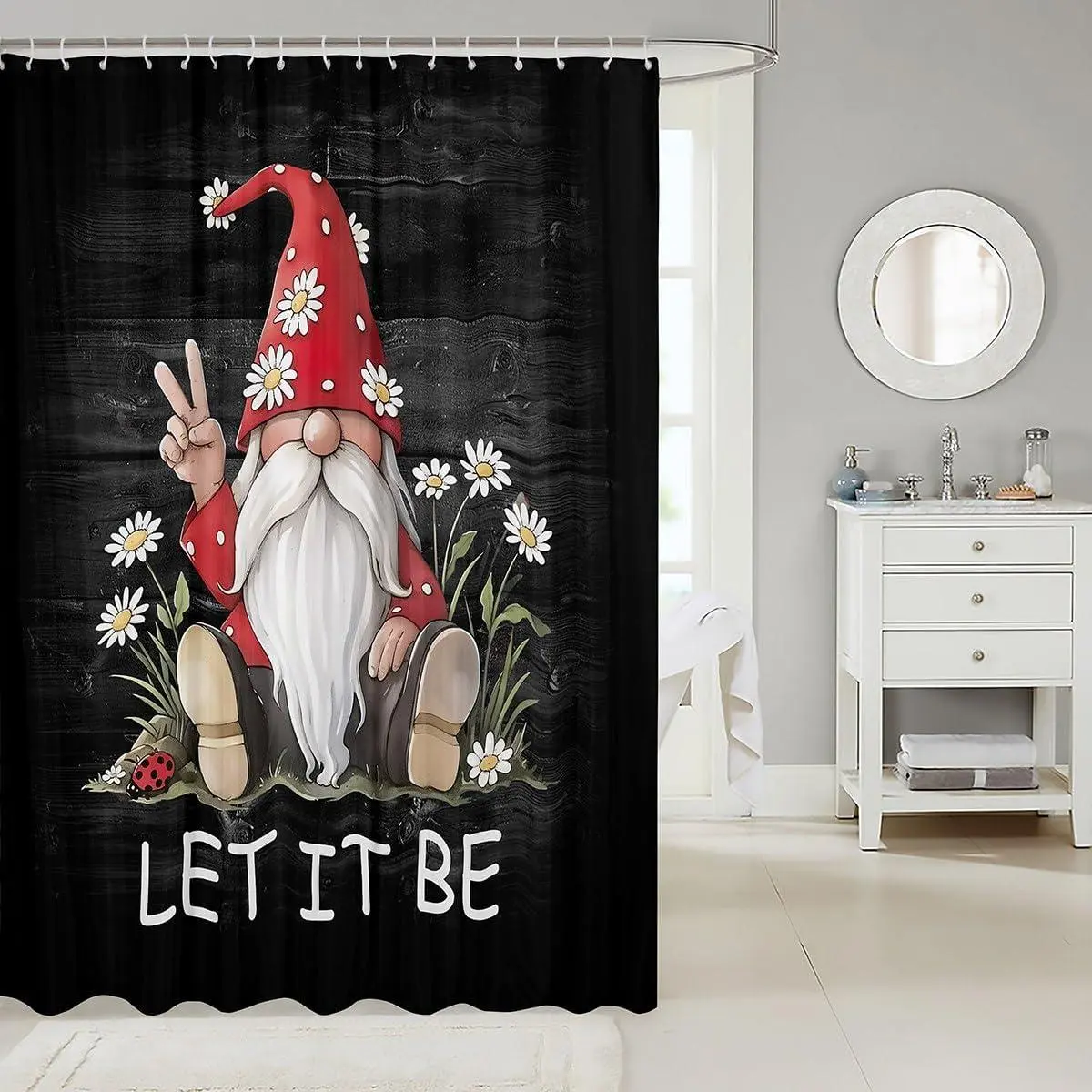 Cartoon Gnome Shower Curtains,Daisy Ladybug Cute Bathroom Curtains Adults,Wooden Plank Rustic Farmhouse Colorful Vinatge Waterproof Curtains,12 Hooks Suits