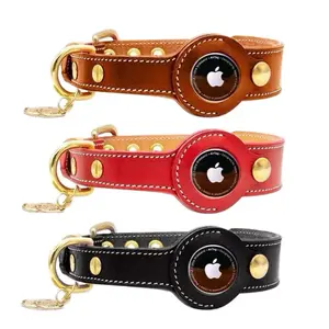 Betcollar AirTag Collar Holder in Brown Red & Black with Gold Studs and Secure Buckle for Pets
