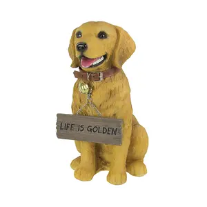 12.75 Inch Tall Golden Retriever Dog Realistic Lifelike Statue with Reversible Sign