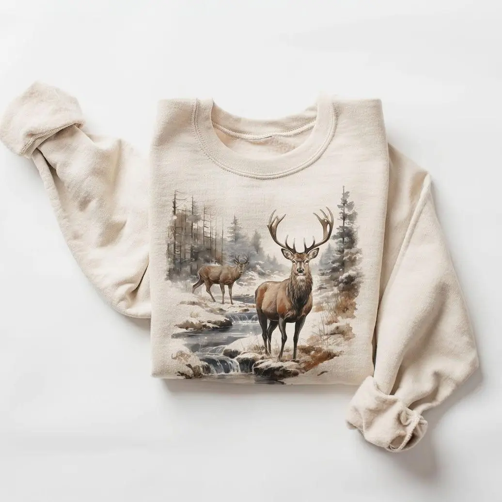 Women's Vintage Deer Wilderness Scene Hoodie - Retro Buck & Doe Cotton Pullover Garment for Ladies, Casual Comfortable Daywear