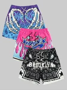 New Men's Three-Piece Set Printed Beach Shorts, Casual Loose-Fitting Drawstring Shorts, Casual Tropical Style, All over Print, Ideal for Summer