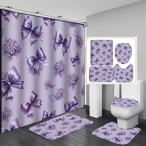 1/3/4PCS Floral Flower bow pattern in purple for a romantic style Shower Curtain Set with Rugs, Non Slip Bath Mat, U-Shape Carpet, Toilet Lid Cover, Polyester Fabric Bathtub Curtain Accessories, 12 Hooks, Home Bathroom Festival Decor, Bathroom Accessory